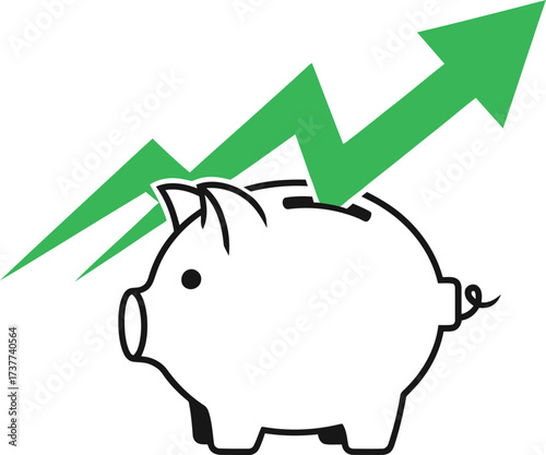 Piggy bank with upward trending arrow isolated on white background, representing savings and investment growth