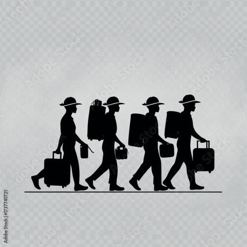 Silhouette illustration of migrant workers walking together 