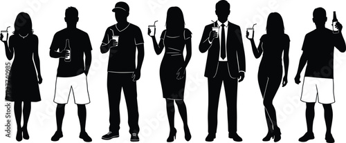 Party crowd silhouettes holding drinks — casual social gathering, nightlife vibe, celebration moment, mixed group, urban event, festive atmosphere, drink toast, fun night.