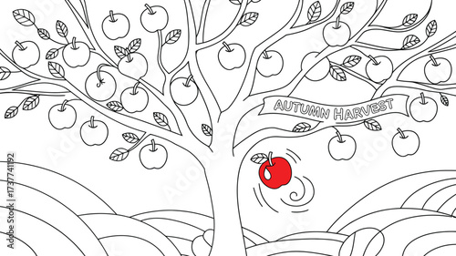 Delightful autumn harvest scene with an apple tree full of fruit, perfect for seasonal designs, educational materials, and creative projects celebrating fall's bounty and natural beauty