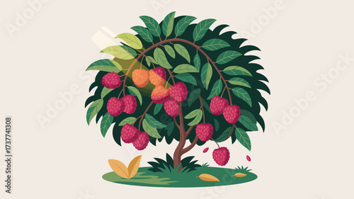 Vibrant lychee tree bearing juicy red fruit in summer, perfect for healthy eating campaigns, showcasing tropical agriculture, and promoting fresh, organic produce in creative designs