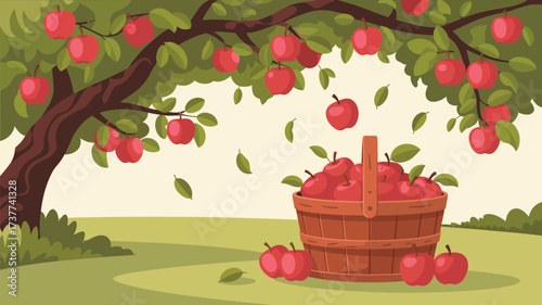 Delightful autumn scene with a bountiful harvest of red apples overflowing a charming woven basket and apples still hanging from the tree creating a cozy, inviting atmosphere for autumn projects