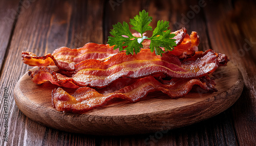 Thick Slices Of Freshly Cooked Bacon On Rustic Table With Parsley Garnish