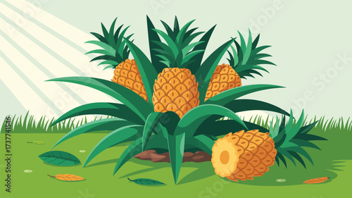 Fresh pineapple harvest with tropical leaves under sunlight, ideal for healthy eating promotions or juice product designs, a vibrant and inviting scene evoking summer freshness and tropical vibes