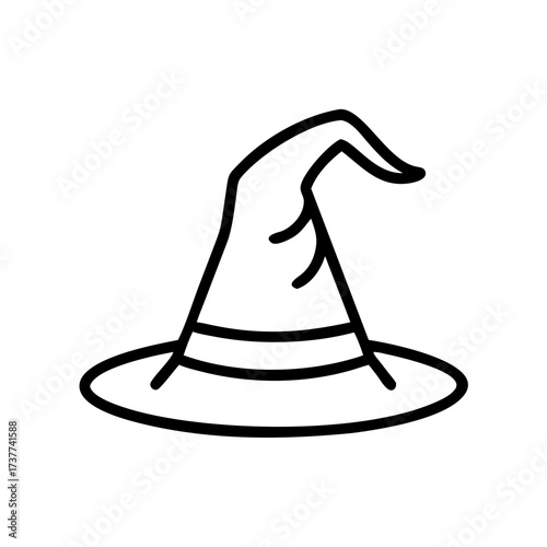 Wizard hat outline illustration with pointed tip and wide brim  