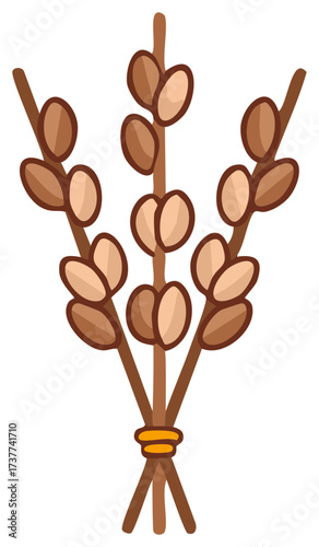 Stylized illustration of a bouquet of pussy willows, springtime floral theme for design