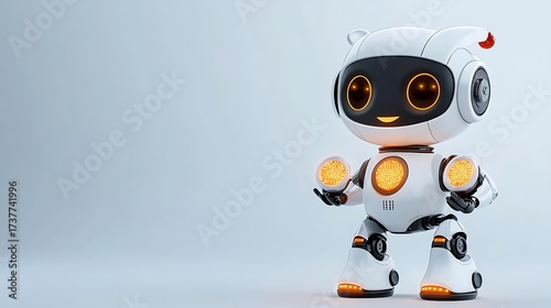 Cute white robot with glowing lights standing on a light blue background looking friendly and approachable