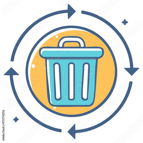 Blue recycling trash can symbol with circular arrows in a yellow circle for refresh delete or clean up concept
