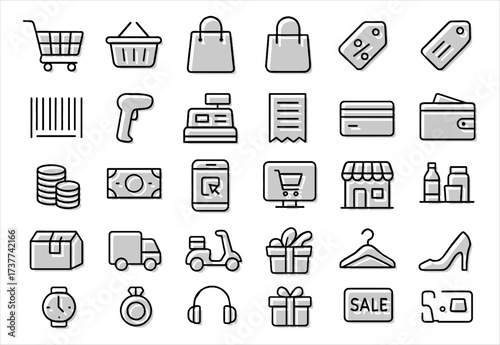 Modern shopping icons with carts, bags, discounts, payments, and e-commerce symbols.
