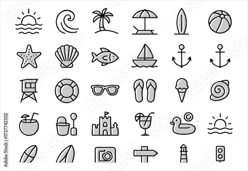 Bright summer icons with sun, palm trees, beaches, seashells, and fun vacation vibes.