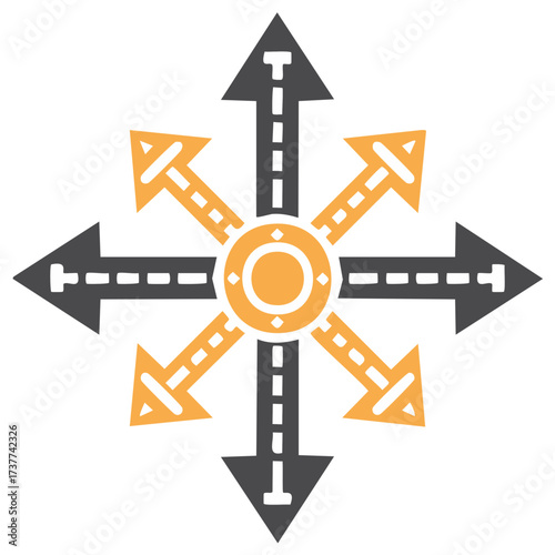 Eight directional road arrows radiating from a central point representing choices paths and decisions