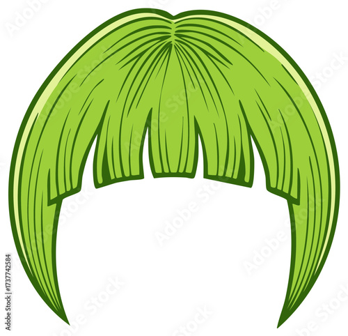 Bright green cartoon wig with a bob haircut and bangs isolated vector illustration