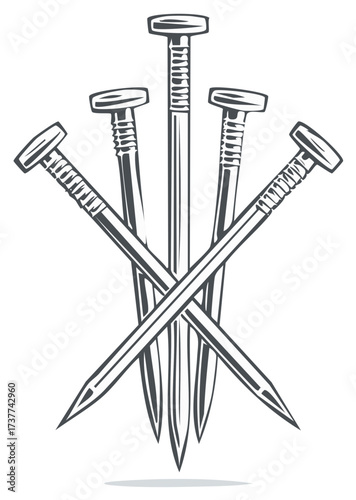 Vintage monochrome illustration of five crossed carpentry nails