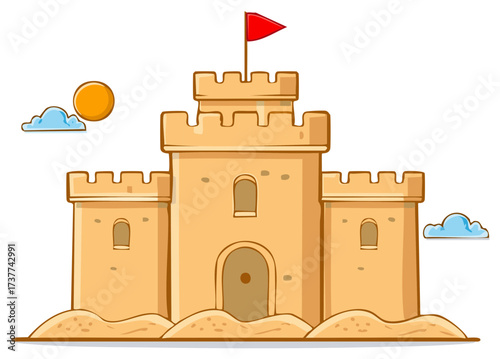 Cartoon sandcastle with red flag, clouds, and sun on white background