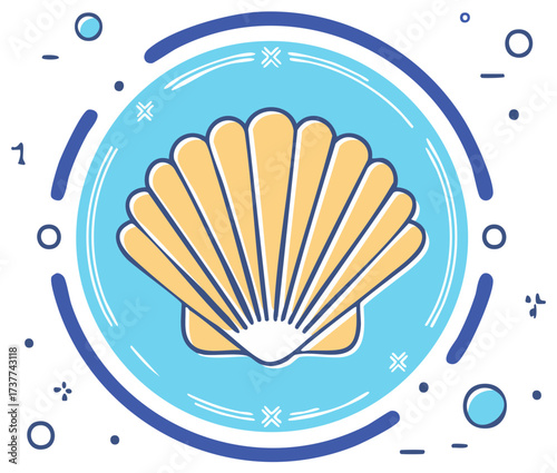 Stylized yellow scallop shell icon with abstract marine elements in a decorative circular frame