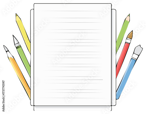 Blank lined paper surrounded by colorful pencils pens and paint brushes creative art tools