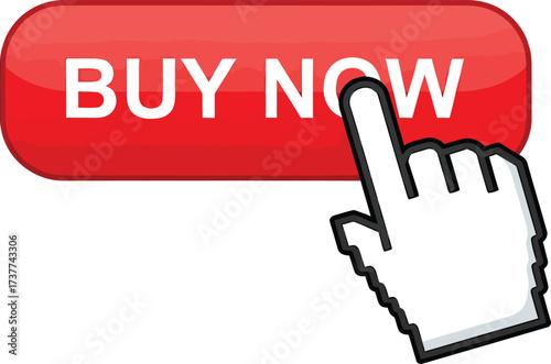 A red 'Buy Now' button with a cursor hand icon pointing to it, symbolizing online purchasing and e-commerce.