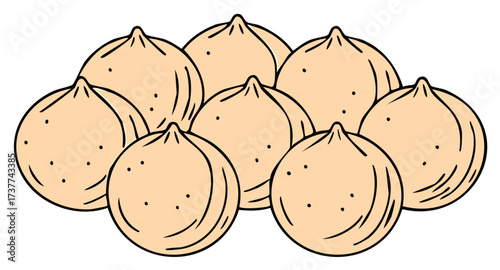 Illustration of eight light brown bun-shaped objects with black outlines and dot accents