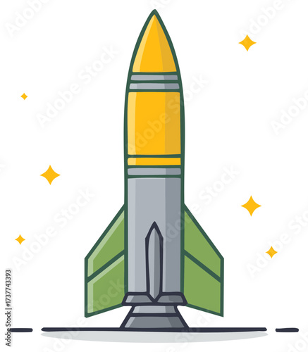 Cartoon rocket ship with fins and yellow nose cone ready for launch with sparkles
