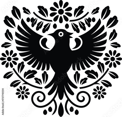 Bird Vector Illustration, Folk Art Style Floral Silhouette Design