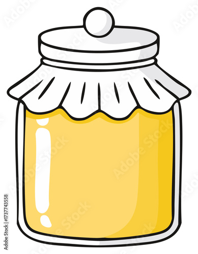 Hand drawn illustration of a glass jar filled with golden liquid, sealed with a cloth and string.