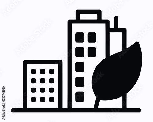 Symbolic Representation of Eco-Friendly Urban Development A Black and White Illustration with a Leaf Towering Next to Buildings Symbolizing Green Initiative