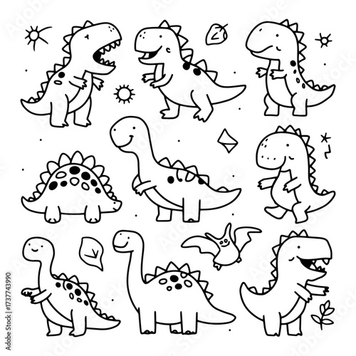Cute dinosaur illustrations featuring various species in playful poses on a simple background