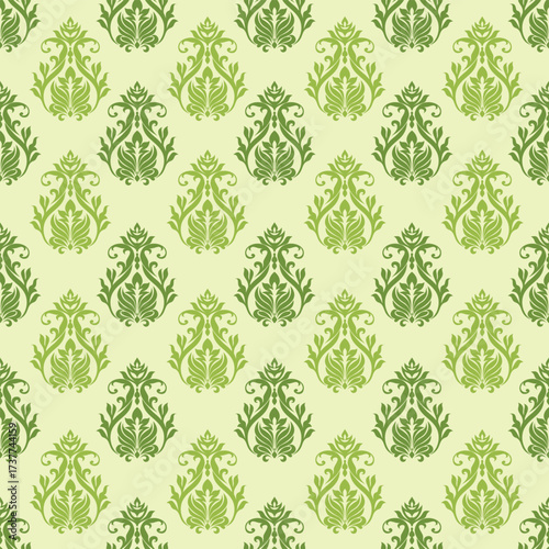 Ornate vintage floral design in shades of green on a pale background, repeating symmetrically.