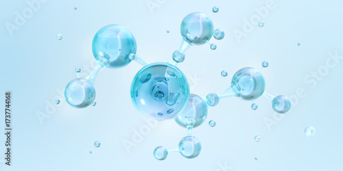 Hyaluronic acid molecules, 3D molecular chemical structure formula, abstract glass spheres. Hydration concept, anti-aging skincare, collagen, beauty. Cosmetic ingredients, biotechnology, dermatology 