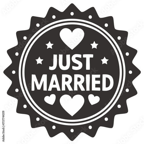 Just Married Badge Icon with Hearts and Stars, Wedding Celebration Seal