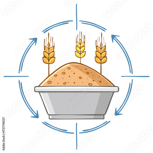 Wheat grain and flour cycle with arrows, natural food production process