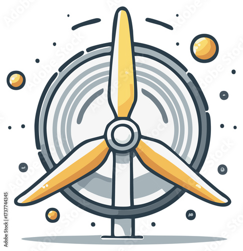Modern wind turbine with yellow blades and grey rotor generating clean energy with abstract elements