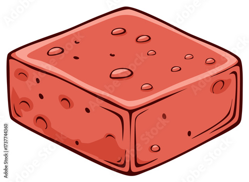 Red porous block cartoon illustration isometric sponge or stone cube