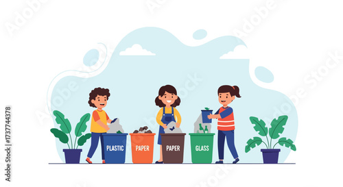 Adobe illustrator artwork vector illustration: Children learning to recycle plastic, paper, and glass, emphasizing environmental education, responsibility, and a greener future