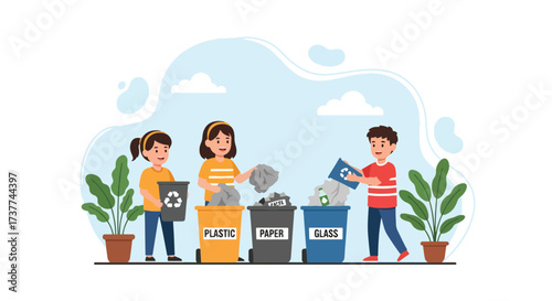 Adobe illustrator artwork vector illustration: Children learning to recycle plastic, paper, and glass, emphasizing environmental education, responsibility, and a greener future