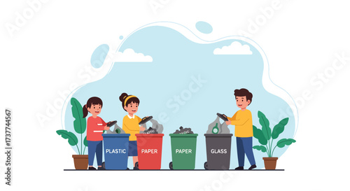 Adobe illustrator artwork vector illustration: Children learning to recycle plastic, paper, and glass, emphasizing environmental education, responsibility, and a greener future