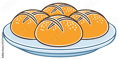 Cartoon Baked Bread Rolls on Plate with Toasted Tops and Sesame Dots Illustration
