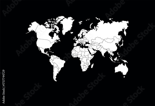 white colour vector world map with black background