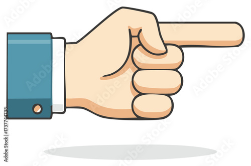 Cartoon hand pointing right, illustration of a human arm gesture with a blue sleeve and button.