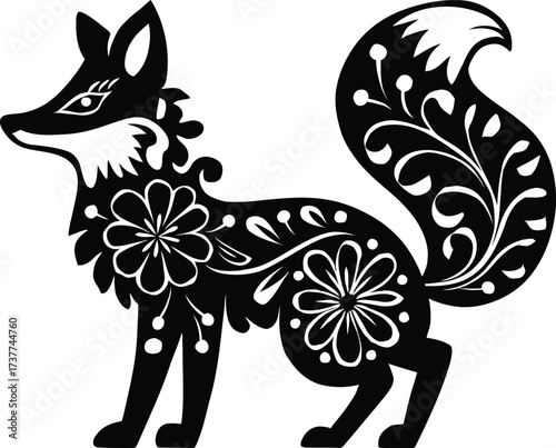 Mystical Fox Vector Illustration, Decorative Night Sky Animal Design