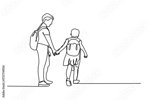 Children going to School with backpacks continuous line art, Schoolchildren boy and girl go to school holding hands.