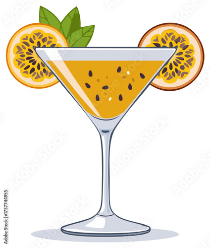 Vibrant tropical passion fruit cocktail served in martini glass with mint garnish illustration