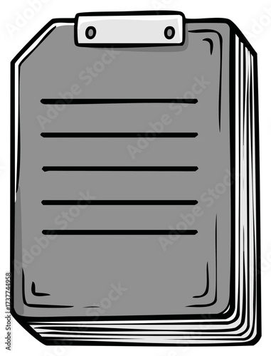 Illustrated gray clipboard with lined paper and clip for note taking and writing