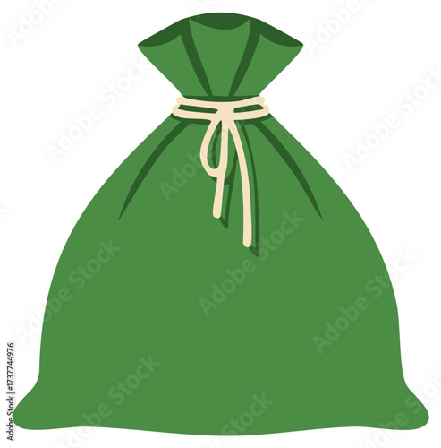 A full green drawstring bag tied with a light cord representing wealth and fortune