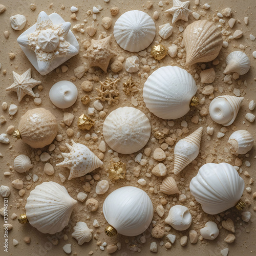 Christmas flat lay featuring seashell ornaments, golden sandy textures.