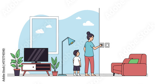 Adobe illustrator artwork vector illustration: Mother and son turning on a smart lamp, illustrating home automation, modern living, and energy-efficient technology