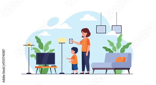 Adobe illustrator artwork vector illustration: Mother and son turning on a smart lamp, illustrating home automation, modern living, and energy-efficient technology