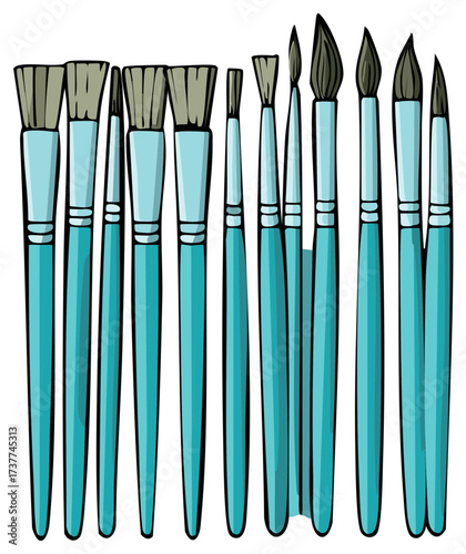 Collection of diverse paint brushes with teal handles artistic tools for creativity