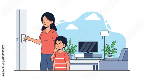 Adobe illustrator artwork vector illustration: Mother and son turning on a smart lamp, illustrating home automation, modern living, and energy-efficient technology