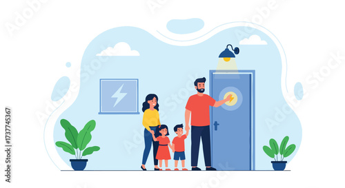 Adobe illustrator artwork vector illustration: Happy family installing an energy-efficient light bulb, promoting sustainability, home improvement, and responsible living
